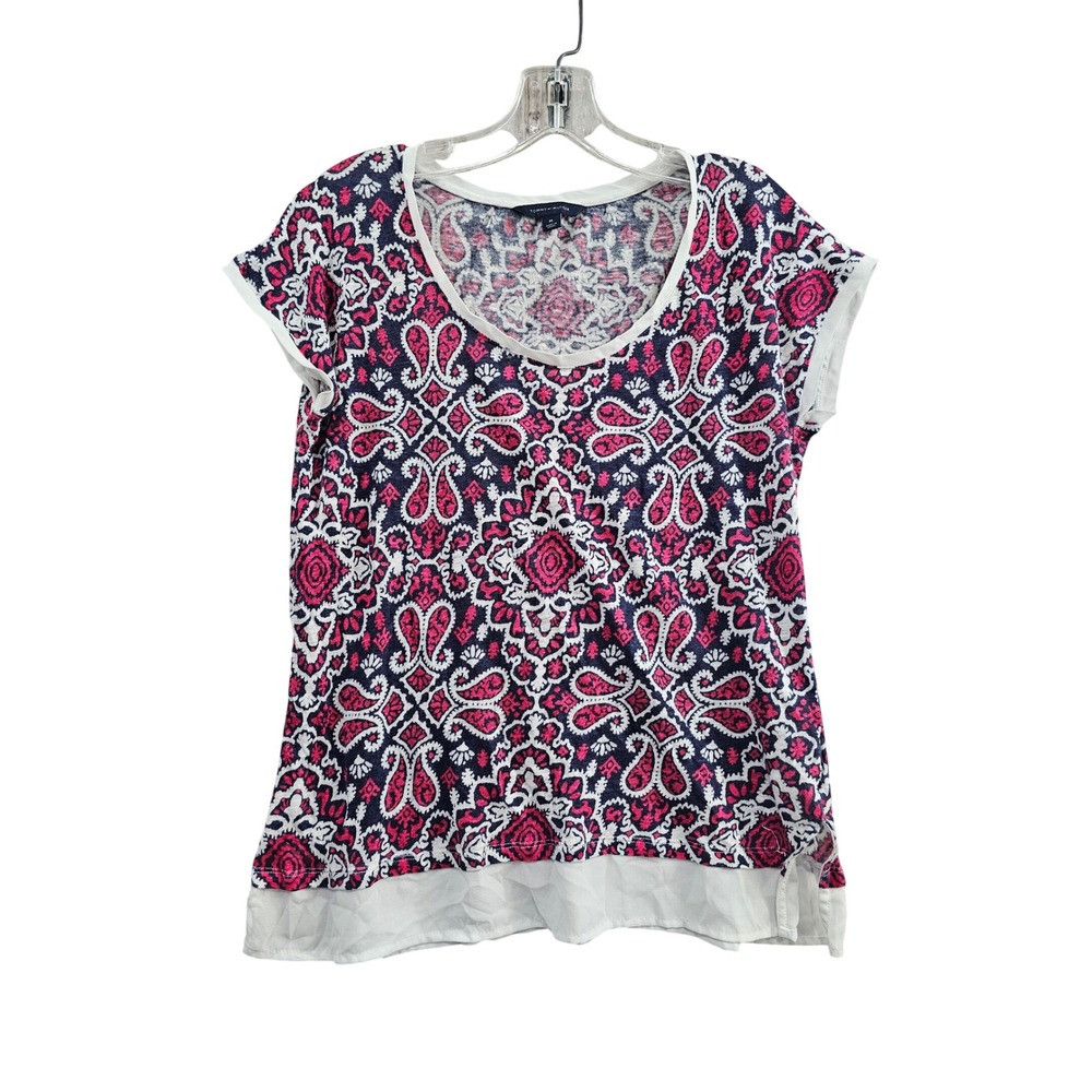 Tommy Hilfiger Paisley Top Womens Medium Pink Navy Linen Blend Mixed Media Hem